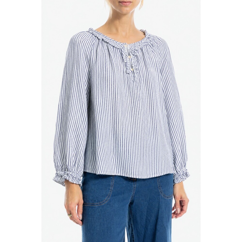 Max Studio Peasant Top Womens M White Navy Stripe Ruffle Boho Coastal NWT $78